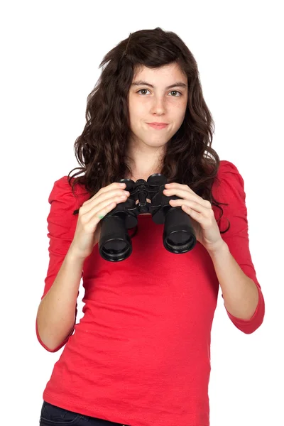Adorable teen girl with binoculars — Stock Photo, Image