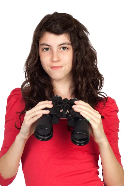 Adorable chica adolescente con prismáticos —  Fotos de Stock