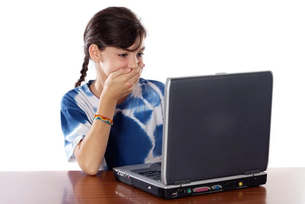 Girl on the Internet with face surprise — Stock Photo, Image