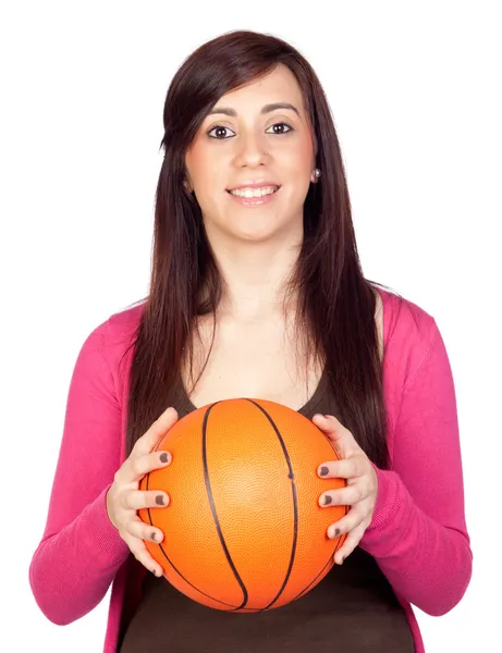 美丽黑发女孩与篮球 — 图库照片