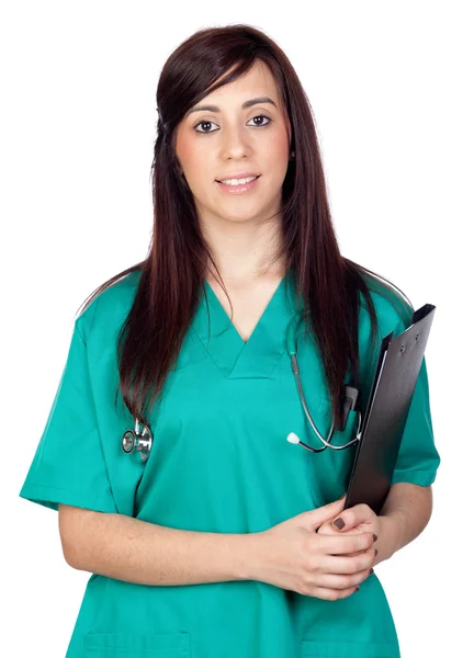 Aantrekkelijke brunette arts met Klembord — Stockfoto