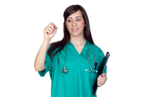 Atraktivní brunetka doktor s schránky — Stock fotografie