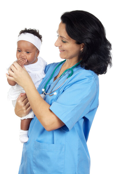 Nurse with stethoscope holding baby over white background