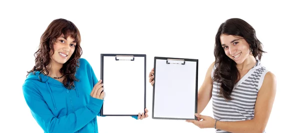 Two casual teenagers whit clipboard — Stock Photo, Image
