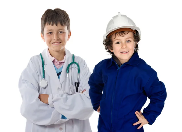 Två barn med kläder av arbetstagare — Stockfoto