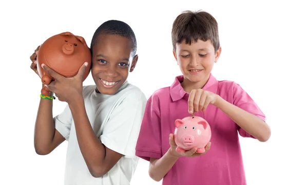 Dwoje dzieci szczęśliwy z moneta oszczędności — Zdjęcie stockowe