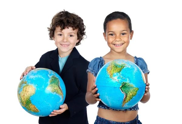 Two happy children learning geography — Stock Photo, Image