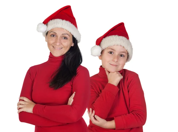 Mãe e filho com boné de Natal — Fotografia de Stock