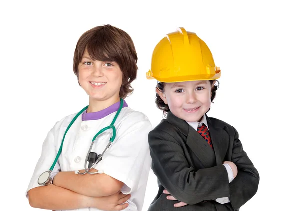 Duas crianças com roupas de trabalhadores — Fotografia de Stock