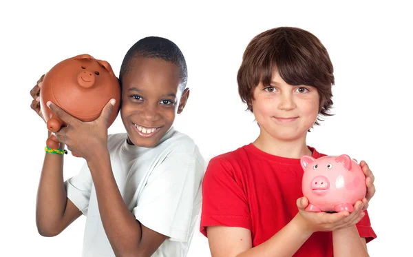 Duas crianças felizes com economia de caixa de dinheiro — Fotografia de Stock
