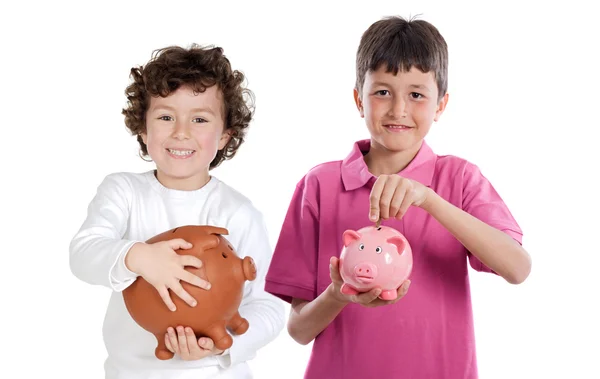 Two happy children with moneybox savings — Stock Photo, Image