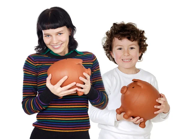 Little boy and pretty teen with moneybox — Stock Photo, Image