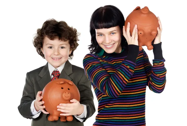 Little boy and pretty girl with moneybox — Stock Photo, Image