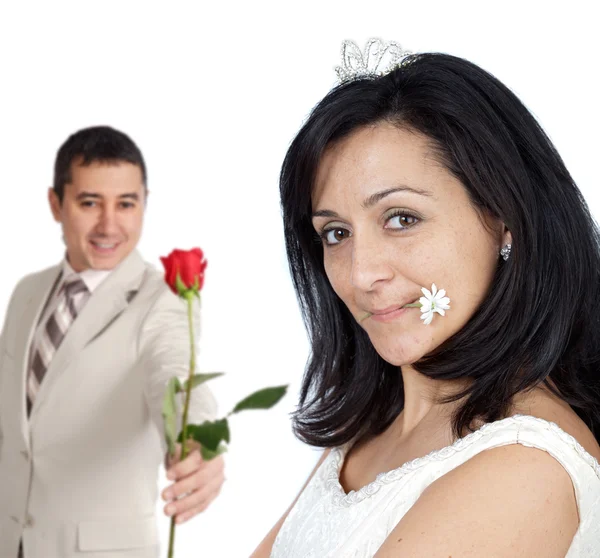 stock image Attractive boyfriend offering a rose to his bride