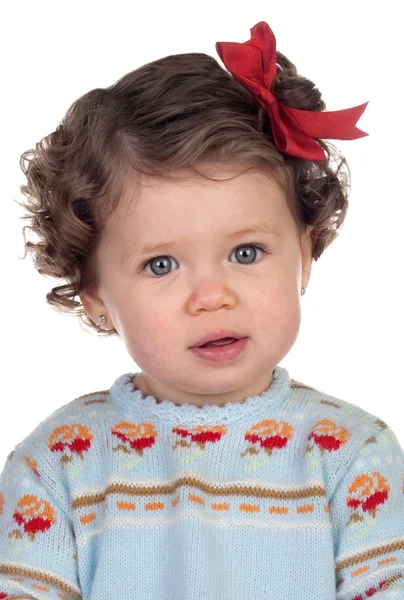 Chica divertida bebé con lazo rojo — Foto de Stock