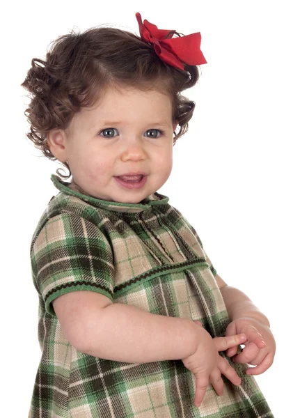 Funny babymeisje met rode lus — Stockfoto