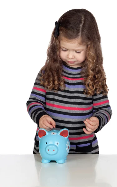 Adorable bebé con una caja de dinero azul — Foto de Stock