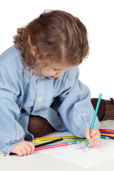 Menina bonita com pintura uniforme pré-escolar — Fotografia de Stock