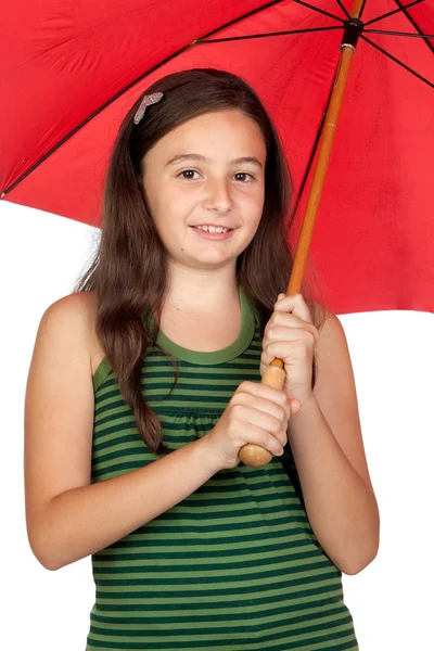 Menina bonita adolescente com um guarda-chuva vermelho — Fotografia de Stock