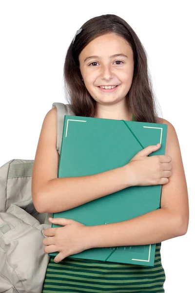 Menina estudante com pasta e mochila — Fotografia de Stock