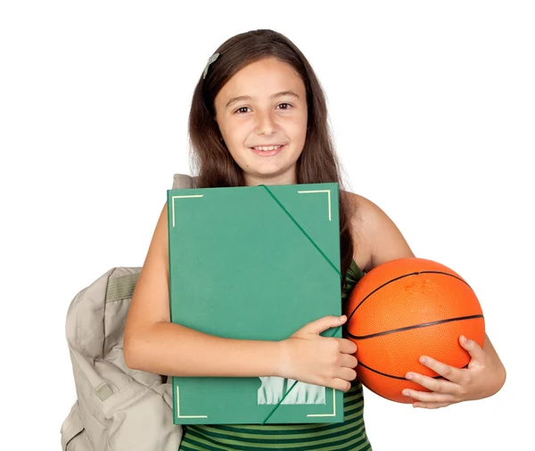 Menina estudante com pasta, mochila e basquete — Fotografia de Stock