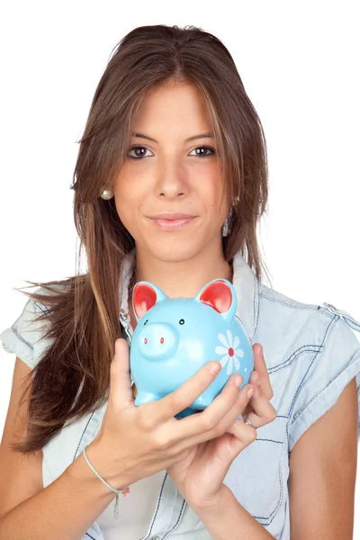 Menina bonita com um porquinho-banco azul — Fotografia de Stock
