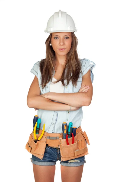 Menina sexy com ferramentas de construção — Fotografia de Stock