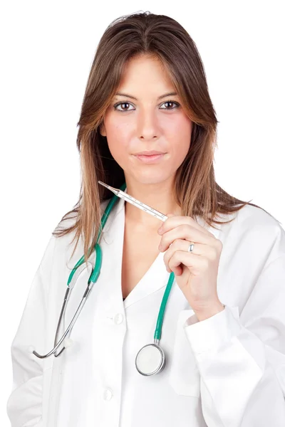 Médico atraente com um termômetro — Fotografia de Stock