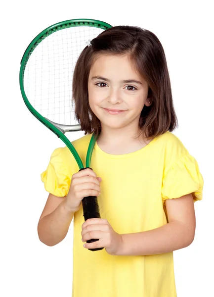 Malá brunetka s tenisovou raketou — Stock fotografie