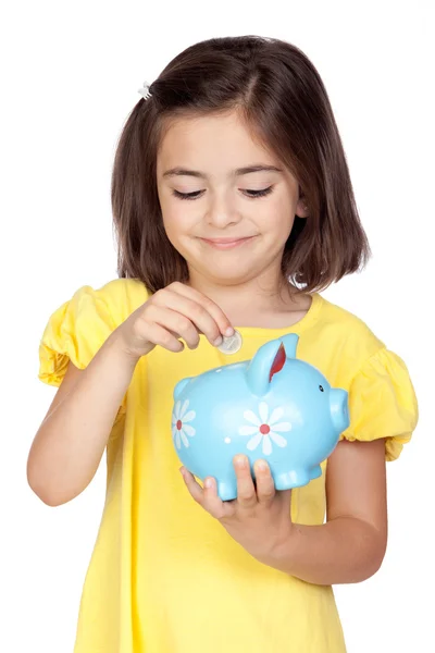 Morena menina com uma caixa de dinheiro azul — Fotografia de Stock