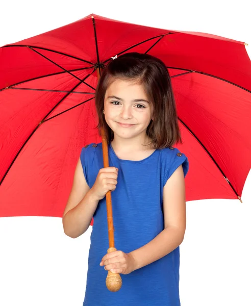 Bruna bambina con un ombrello rosso — Foto Stock