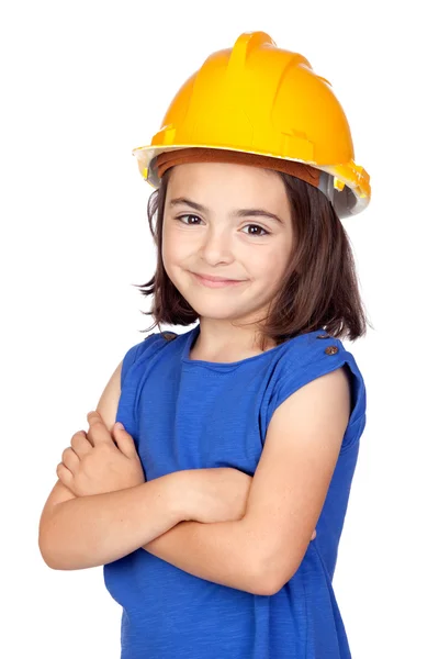 Morena menina com um capacete amarelo — Fotografia de Stock