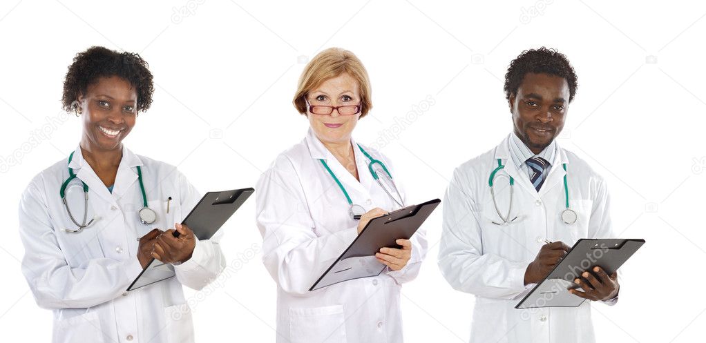 Team of three doctors writing