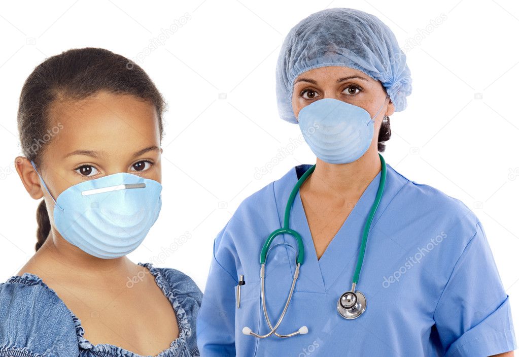 Pretty girl and doctor women with protective mask on her face