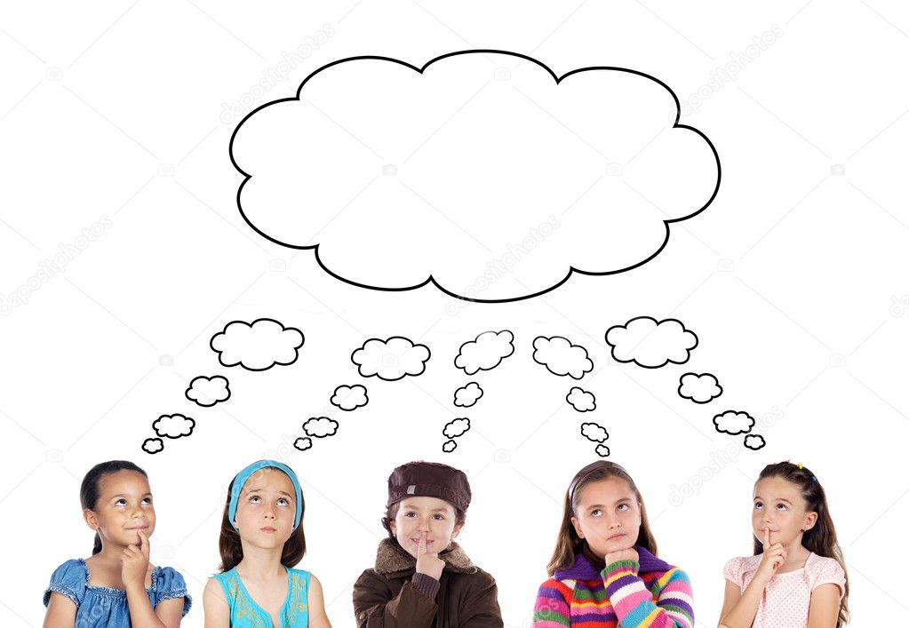 Group of five children thinking