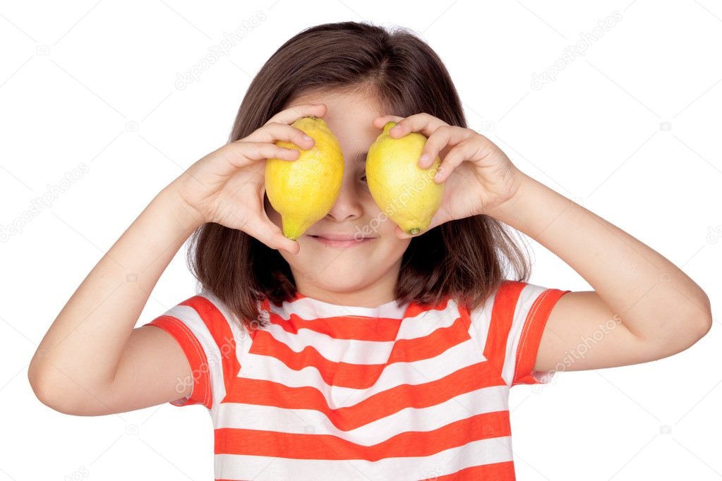 Brunette little girl with two lemons