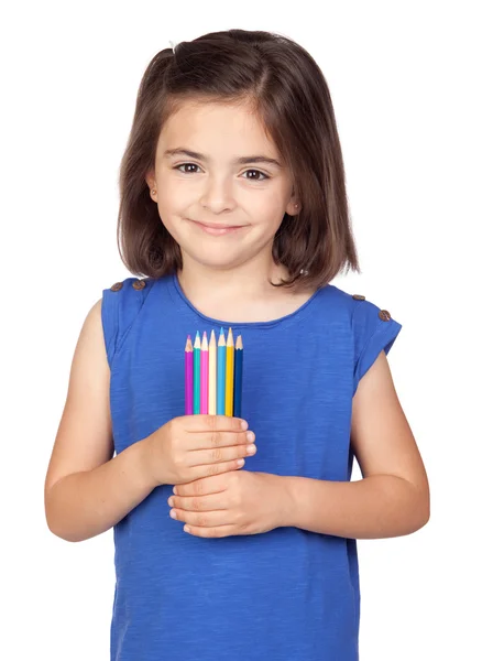 黑发小女孩用彩色铅笔 — 图库照片