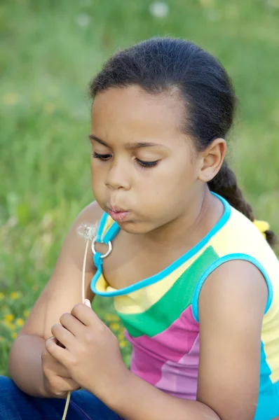 African little girl blowing one dandelion — Stock Photo, Image
