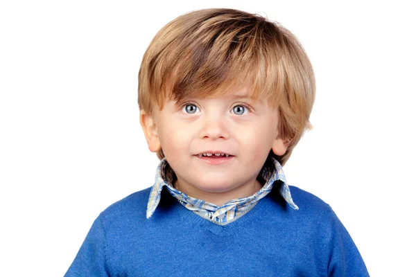 Schönes Baby mit blauem Trikot — Stockfoto