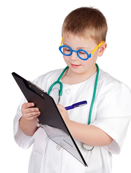 Criança engraçada com uniforme médico — Fotografia de Stock