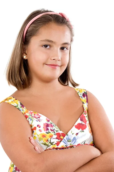Bedårande flicka med blommiga klänning — Stockfoto