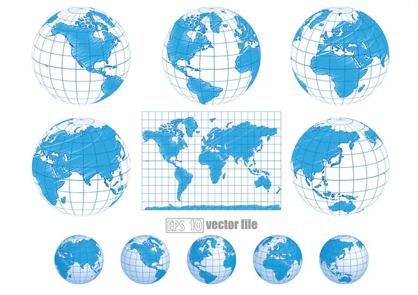 Raccolta di globi vettoriali con mappa del mondo — Vettoriale Stock