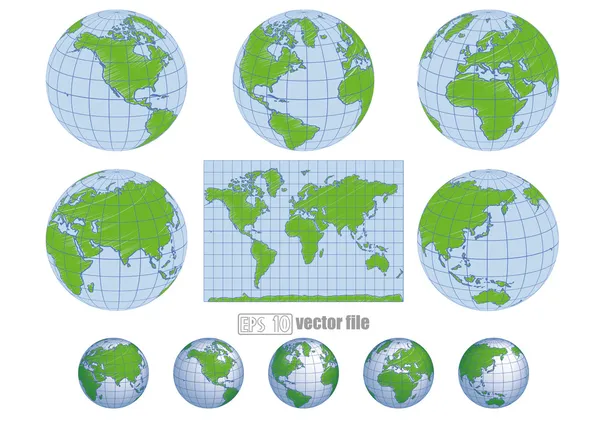 Sammlung von Vektorgloben mit Weltkarte — Stockvektor