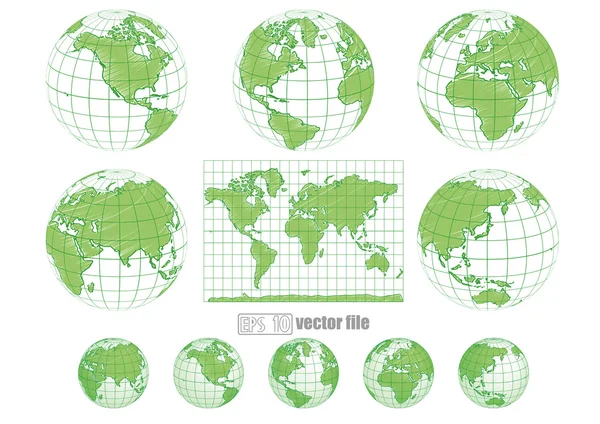 Sammlung von Vektorgloben mit Weltkarte — Stockvektor