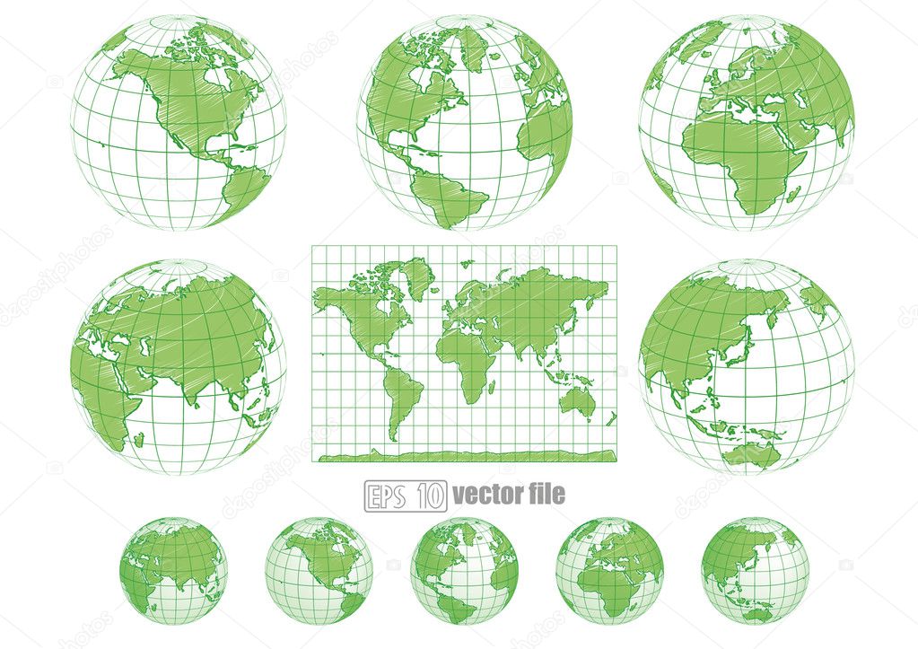 Collection of vector globes with world map
