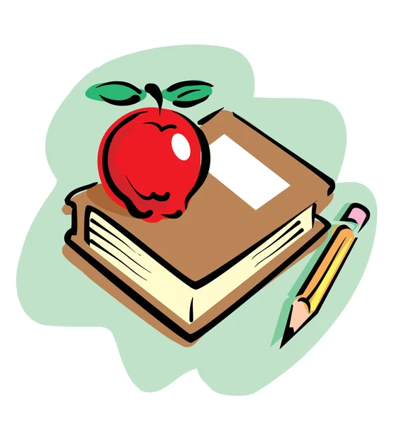 Elma ve kalem kitap yığını üzerinde — Stok Vektör