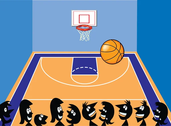 Cancha de baloncesto y personajes de dibujos animados — Vector de stock
