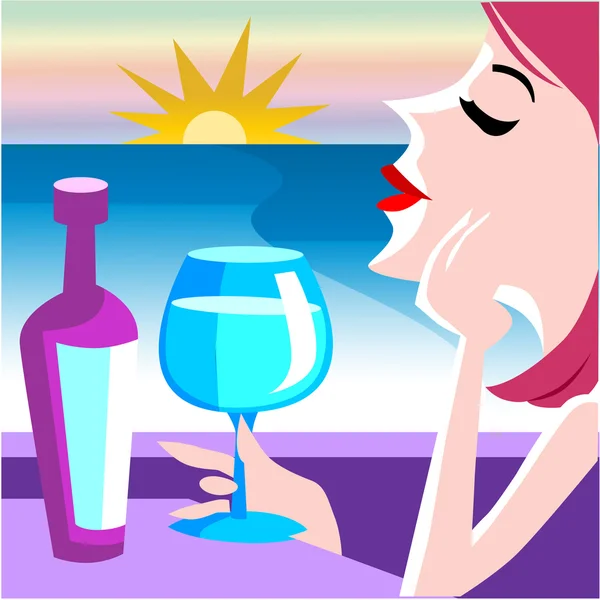 Menina com copo de vinho na praia — Vetor de Stock