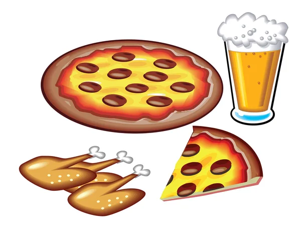 Пицца и пиво с куриными крыльями — стоковый вектор