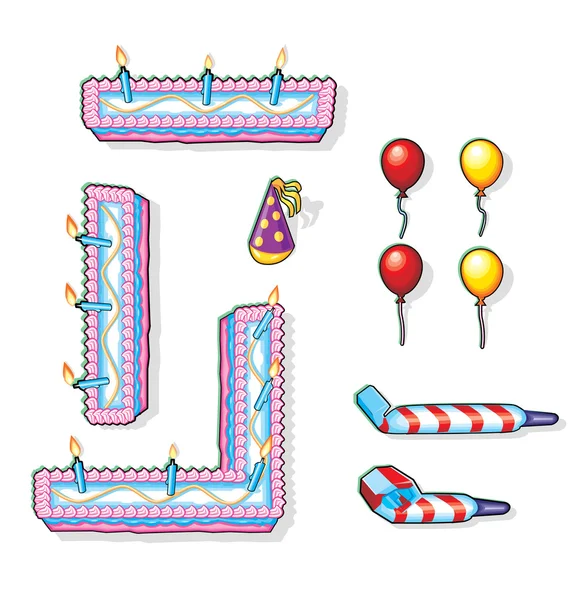 Bolo de aniversário e balões — Vetor de Stock